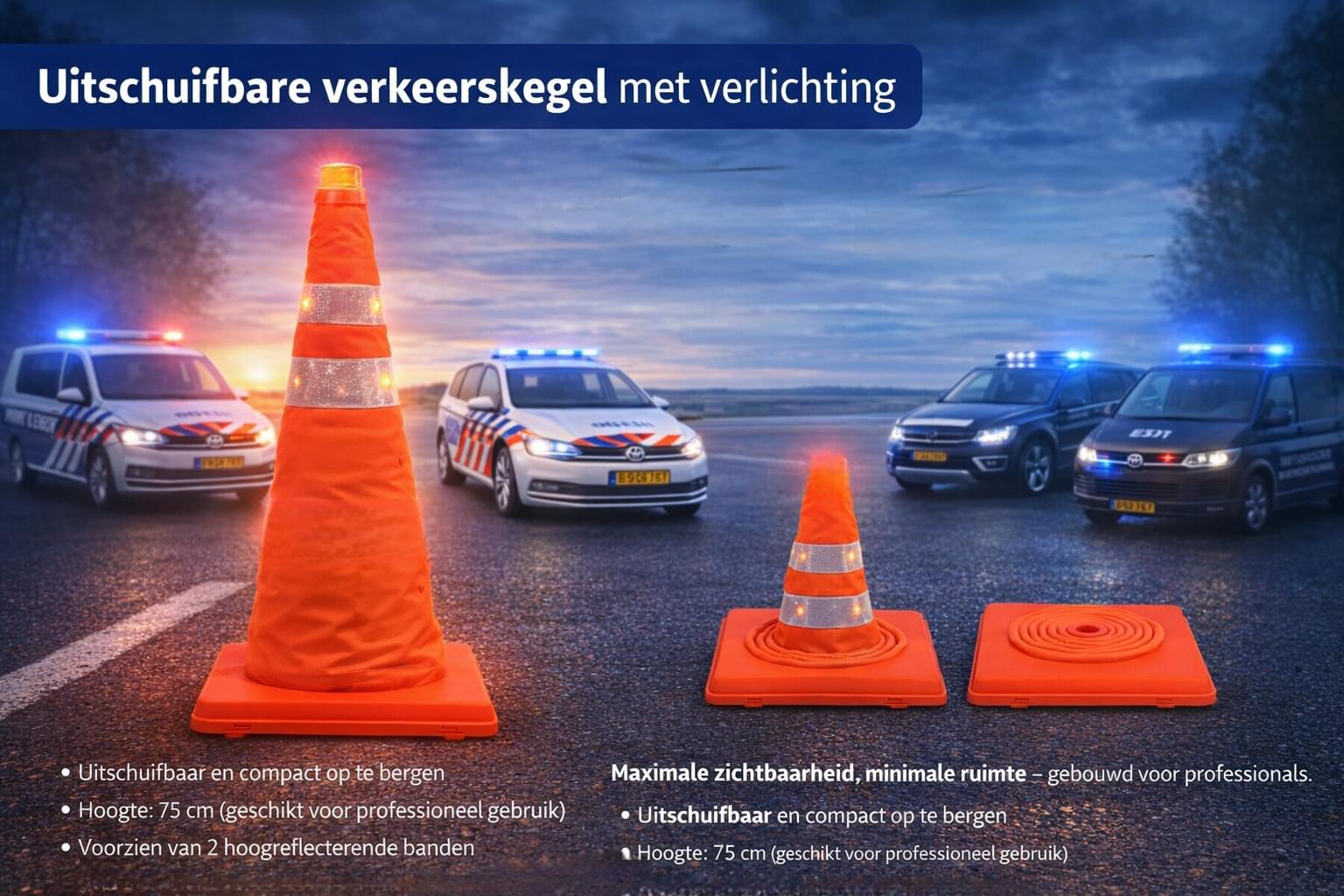 Uitschuifbare verkeerskegel met verlichting (pion)
