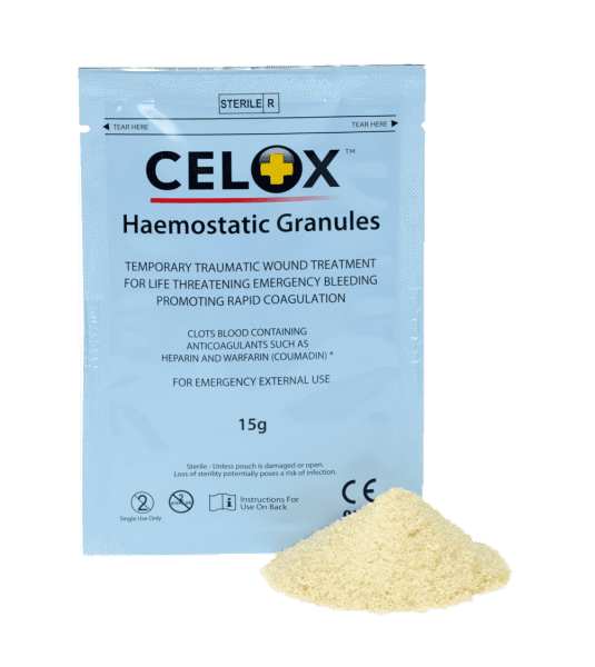 CELOX Granules celox applicator wound trauma first respond stop het bloeden bleeding granules snel dichten ehbo levensreddend handelen haemostatic